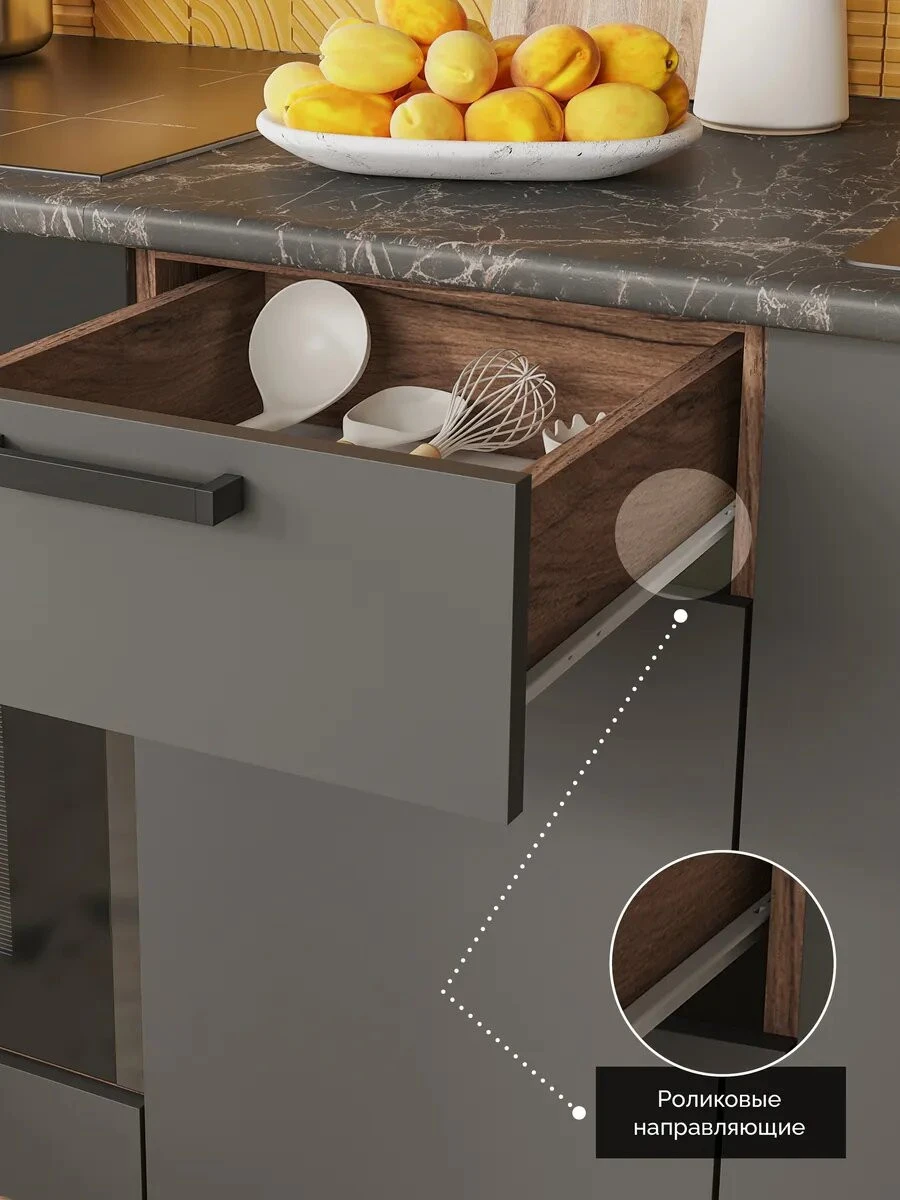 Кухонный гарнитур "Мурана" 2 метра цвет графит, столешница в комплекте, Цвет корпуса ДУБ крафт табачный
