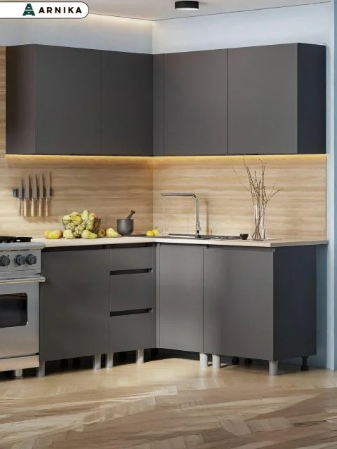 ARNIKA Кухонный гарнитур угловой без столешницы "Довер", 144х100см, графит